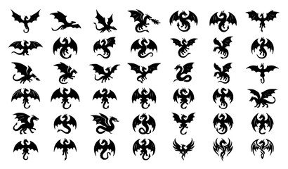 Obraz premium SEO Title: Flying Dragon Silhouette Vector Set with Mythical Winged Creature Icons Isolated on Solid White Background