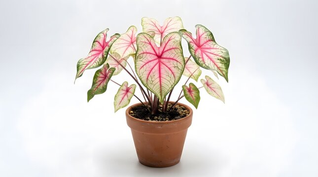 Potted caladium plant with vibrant pink and white heart shaped leaves on a white background