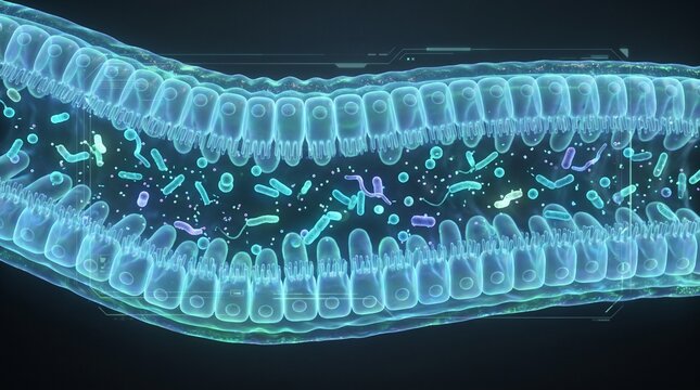 Healthy Gut Microbiome with Beneficial Bacteria on Intestinal Villi, Advanced Medical 3D Illustration
