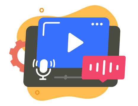 Video content editor on tablet device modern vector graphic illustration design, media podcast creating recording technology flat cartoon drawn, film movie production software