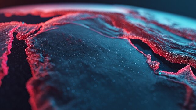 Abstract glowing particles form a futuristic, topographic map, shimmering with vibrant red and blue light against a dark backdrop. ..Created with Generative AI, not depicting real subjects.