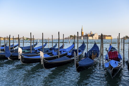 Venetian gondolas, boat launch at St. Mark's Square, San Giorgio Maggiore church in the evening light, Venice, Veneto, Italy