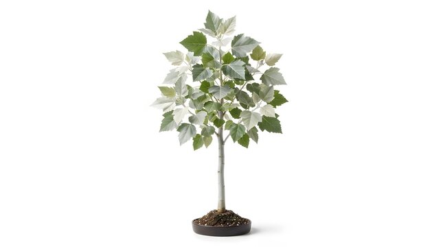 Small potted white poplar tree with silver and green leaves isolated on a plain white background