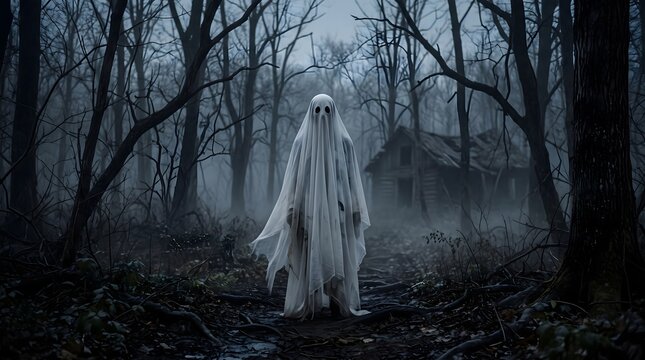 A mysterious ghostly figure draped in a white sheet standing in a dark and foggy autumn forest