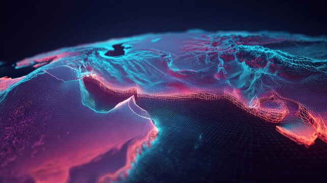 Abstract visualization of a digital globe with glowing neon blue and pink continents and oceans. ..Created with Generative AI, not depicting real subjects.