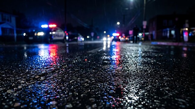 Dramatic night scene of a police car with flashing emergency lights on a wet rainy road, cinematic view of a police car at a crime scene, and a blurred police car background.
