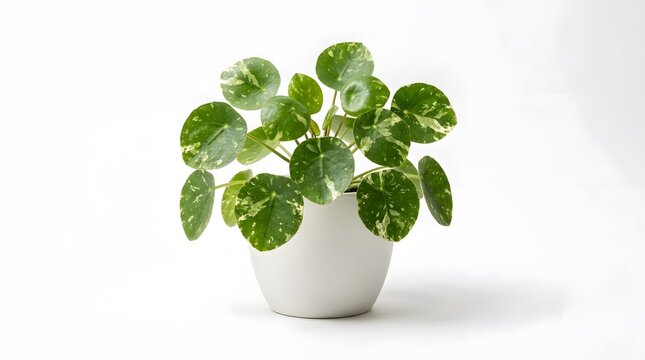 Small variegated pilea peperomioides plant with round spotted leaves in a white pot on white surface