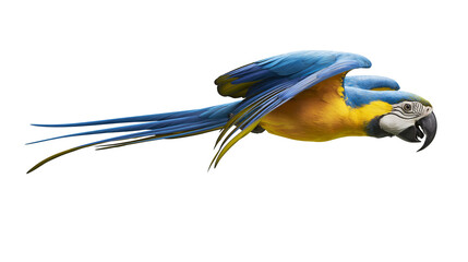 Blue and yellow macaw parrot flying with wings spread © Cressida