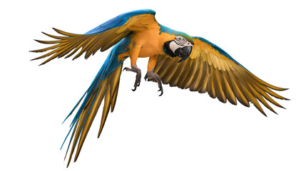 Blue and yellow macaw parrot flying with wings spread © Cressida