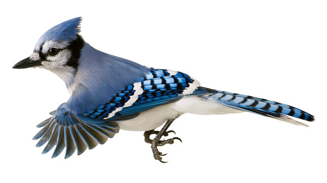 Blue Jay bird in flight with blue, white and black feathers