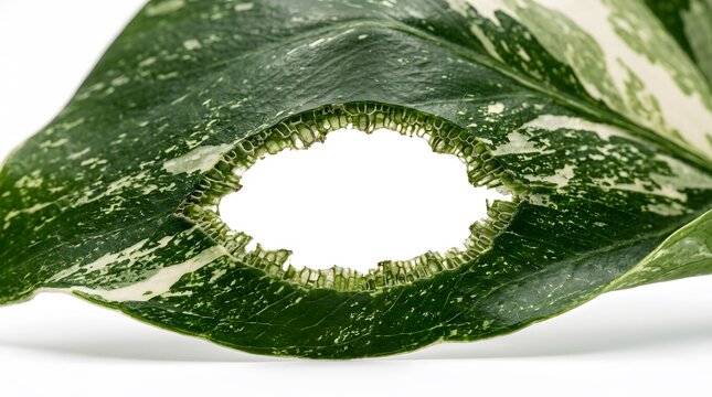 Variegated monstera deliciosa leaf with large circular hole isolated on a plain white background