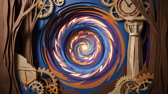 3D layered papercraft of time vortex with mechanical gears and clock elements in deep blue shades.