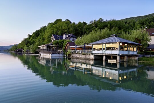 Hotel and restaurant Villa du Lac on Lac d'Aiguebelette, large natural lake, at the foot of the &Eacute;pine Mountains, Aiguebelette-le-Lac, Savoie Department, France