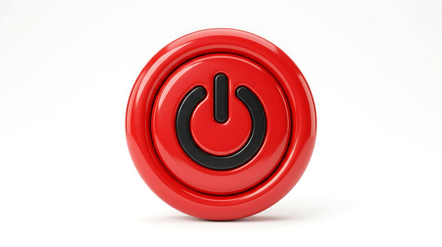 A glossy red circular power button with a black universal power symbol on a clean white background.