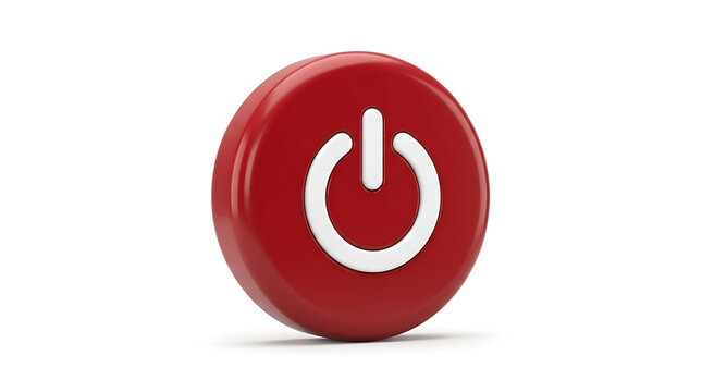 A vibrant red 3D power button with a white on/off symbol, isolated on a clean white background, ready for digital interface use.