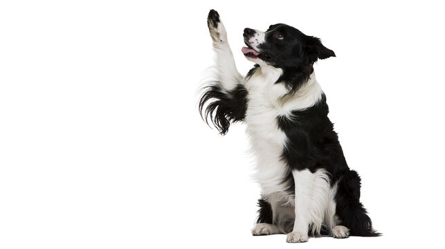 Black and white Border Collie dog sitting with paw raised