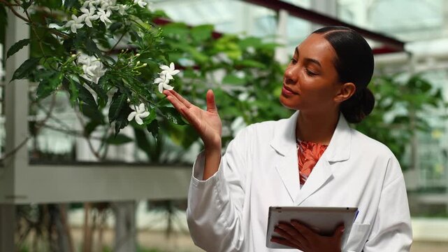 Black female botanist studying flowers in a greenhouse