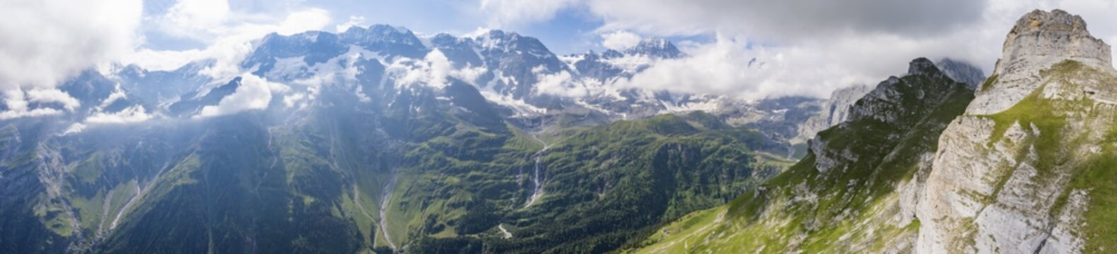 Schmadribachfall waterfall and picturesque mountain landscape with Breithorn mountain peak, view from Tanzb&ouml;deli, Bernese Alps, Bernese Oberland, Switzerland