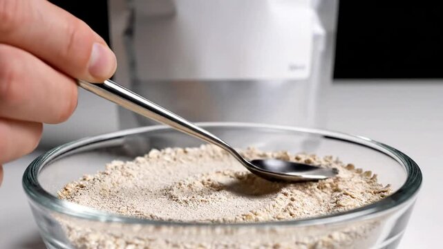 Macro Shot Of A Blank Protein-Style Food Pouch Standing Next To A Bowl Of Protein Powder For Health And Nutrition Products