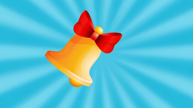 Festive animation of a golden Christmas bell with a red bow against a blue sunburst background