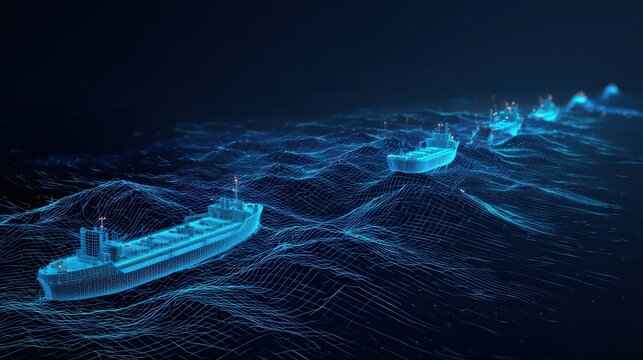 Digital illustration of cargo ships sailing on a digital sea. ..Created with Generative AI, not depicting real subjects.