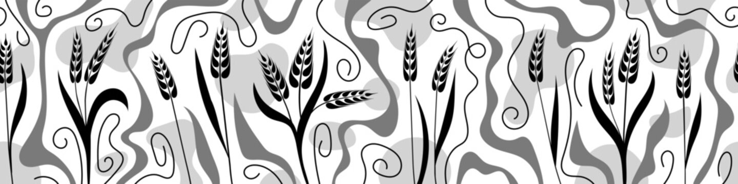 Seamless floral border of wheat ears, rye or barley, agriculture and harvest, black isolated silhouette on white background, vector print