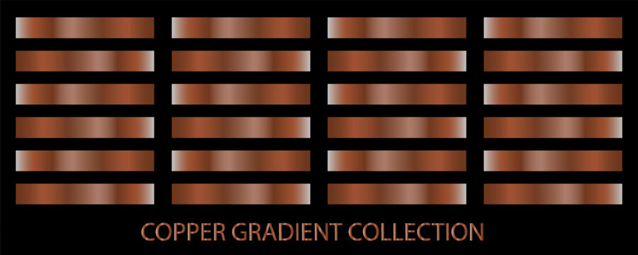 Copper gradients collection. Luxury set of pale copper gradient swatches. Metallic textures with polished foil shine and satin smooth. Premium design palette