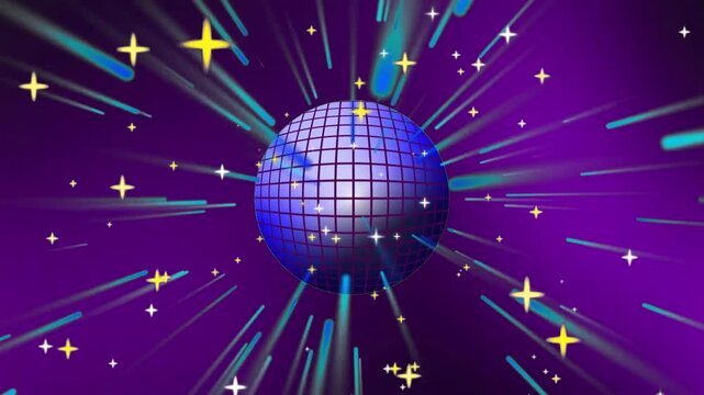 Rotating Disco Ball with Glowing Light Rays and Stars Background
