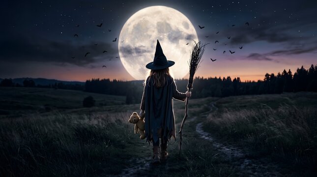 A mysterious witch standing in a dark field under a glowing full moon during a spooky night
