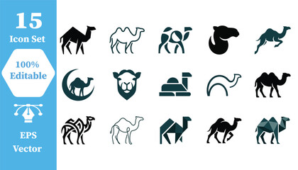 Fototapeta premium Camel desert animal icon set with wildlife dromedary silhouette collection