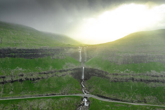 Aerial view of Fossa Waterfall, Faroe Islands