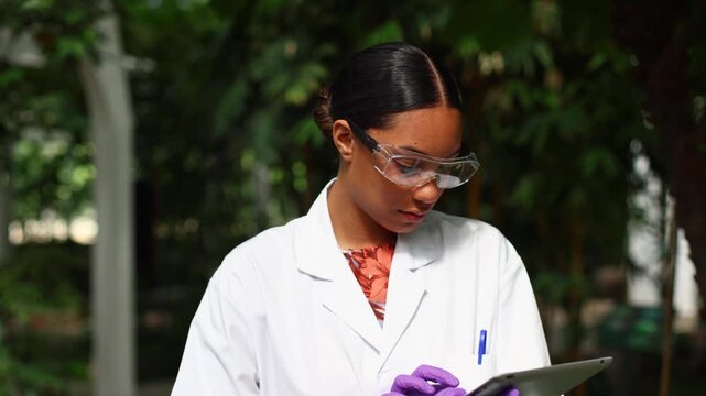 Female botanist studying plants using digital tablet