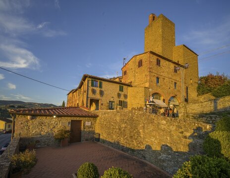 Castle with tower in evening light, Vinci, Metropolitan City of Florence, Italy