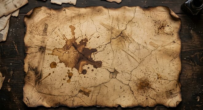 An old vintage treasure map with burnt edges lying on a dark wooden background surface
