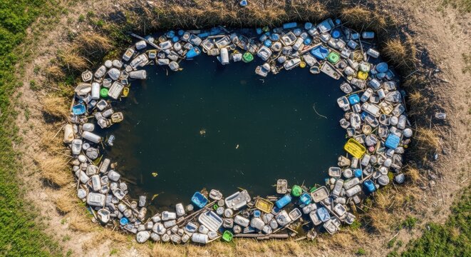 Aerial view of a polluted pond filled with diverse plastic waste and debris, highlighting environmental damage.