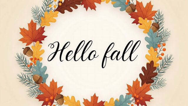 Hello fall seasonal greeting card design with circular wreath of colorful autumn leaves and acorns, seasonal