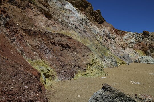 Versatile play of colors in the geological structure with dominant earth tones, Paliochori beach, Paliochori, volcanic rock, copper, nickel, mineral salts, volcanic island, Milos, Cyclades, Greek islands, Greece