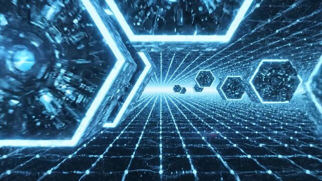 Futuristic glowing blue hexagons float in a digital space