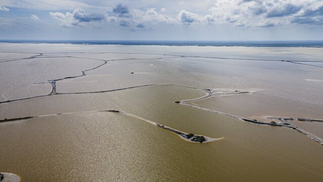 Aerial of the colourful salinas of Las Coloradas, Yucatan, Mexico