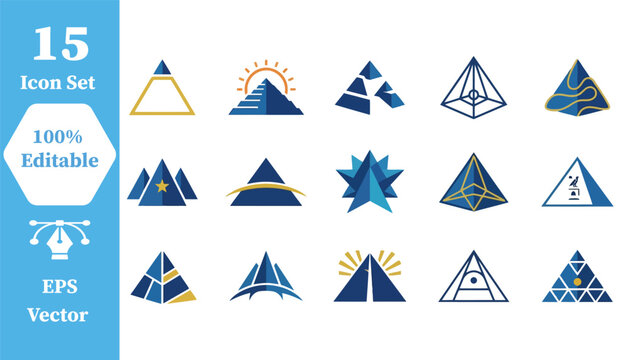 Geometric pyramid and abstract monument icons in blue tones with geometric