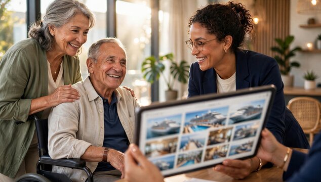 Wheelchair user and companion with travel advisor reviewing a trip on laptop, showing accessible travel planning, care, and inclusive vacation service.