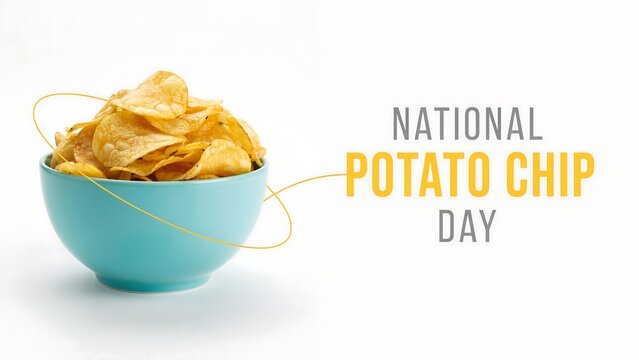 National potato chip day celebration with bowl of crispy golden potato chips isolated on white background, junkfood