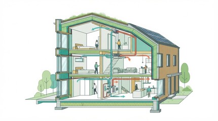 Obraz premium The inner layout of a net zero building with energy efficient systems in a modern passive house concept.