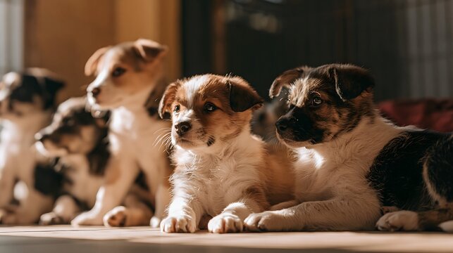 Detailed low angle image of multiple small puppies lined up inside an animal shelter.