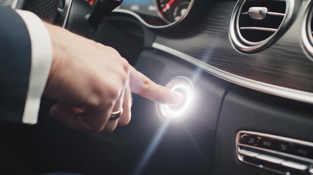 Businessman presses the start button to turn on his luxury car