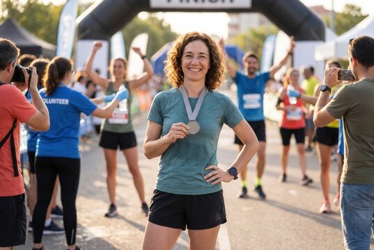 Woman runner smiling and holding medal after completing race with other participants