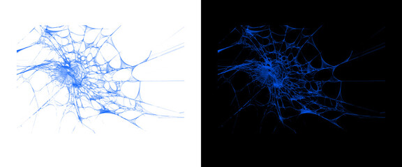 Naklejka premium Abstract blue neural network illustration on white and black backgrounds, digital data connection web, futuristic technology fiber optic structure