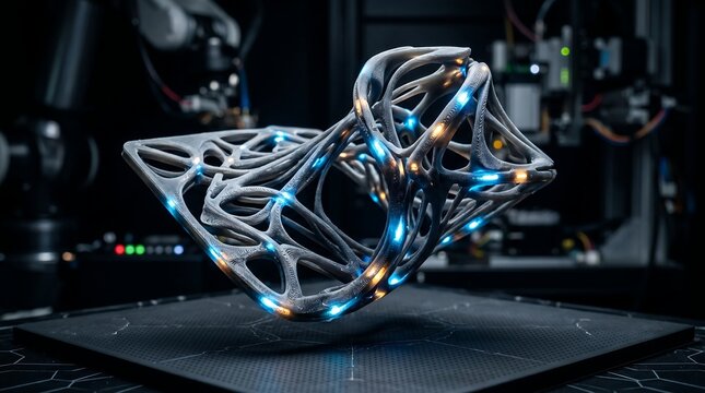 Futuristic Abstract Lattice Structure with Glowing Blue and Orange Lights