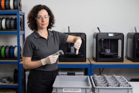 Engineer rejecting 3d printed component, pointing thumbs down for quality control failure