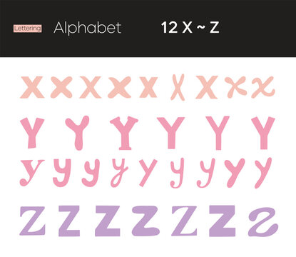 Handwritten alphabet set with letters X, Y and Z for typography design